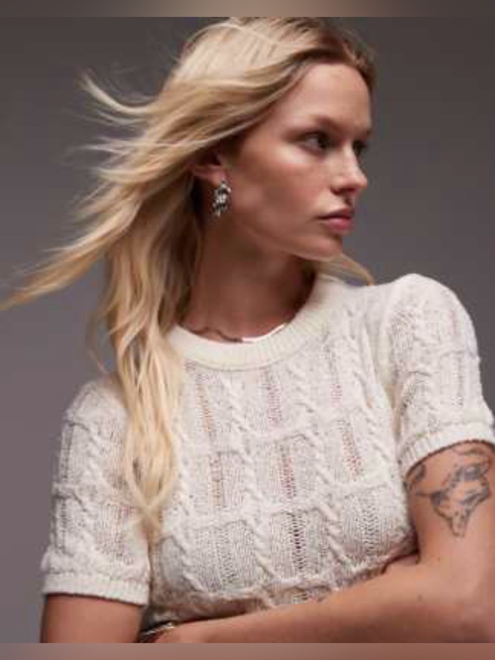 Topshop Cream Cable plaid T-shirt in ivory